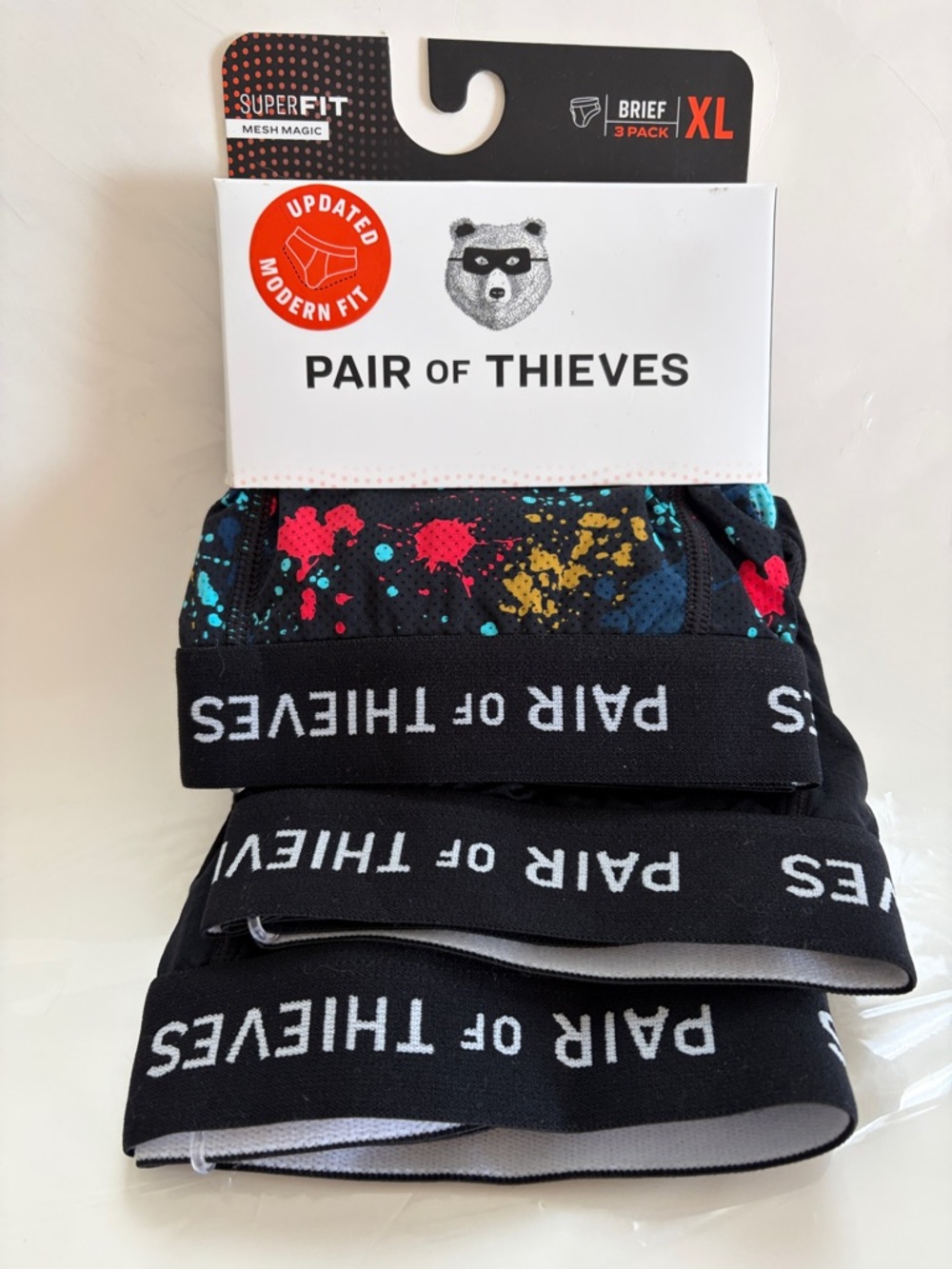 NWT PAIR OF THIEVES Men's Black Briefs 3-Pack with Multicolor Splash - XL